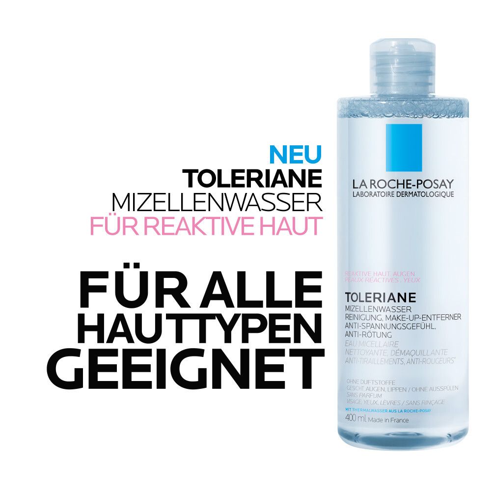 La Roche-Posay eau micellaire pour peaux réactives. Texte: Convient à tous les types de peau.