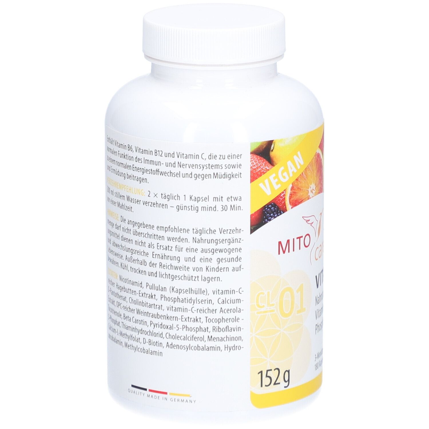 Rückseite der weißen Flasche mit Kapseln. Text: Inhaltsstoffe, Verzehrempfehlung. Vegan-Logo. Hergestellt in Deutschland.