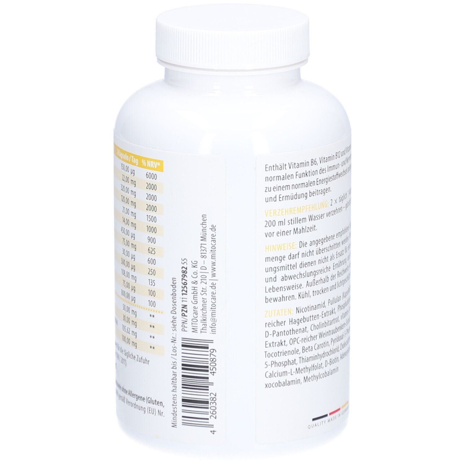 Rückseite der weißen Flasche mit Kapseln. Text: Nährwertangaben, Herstellerinformationen, Barcode. Hergestellt in Deutschland.