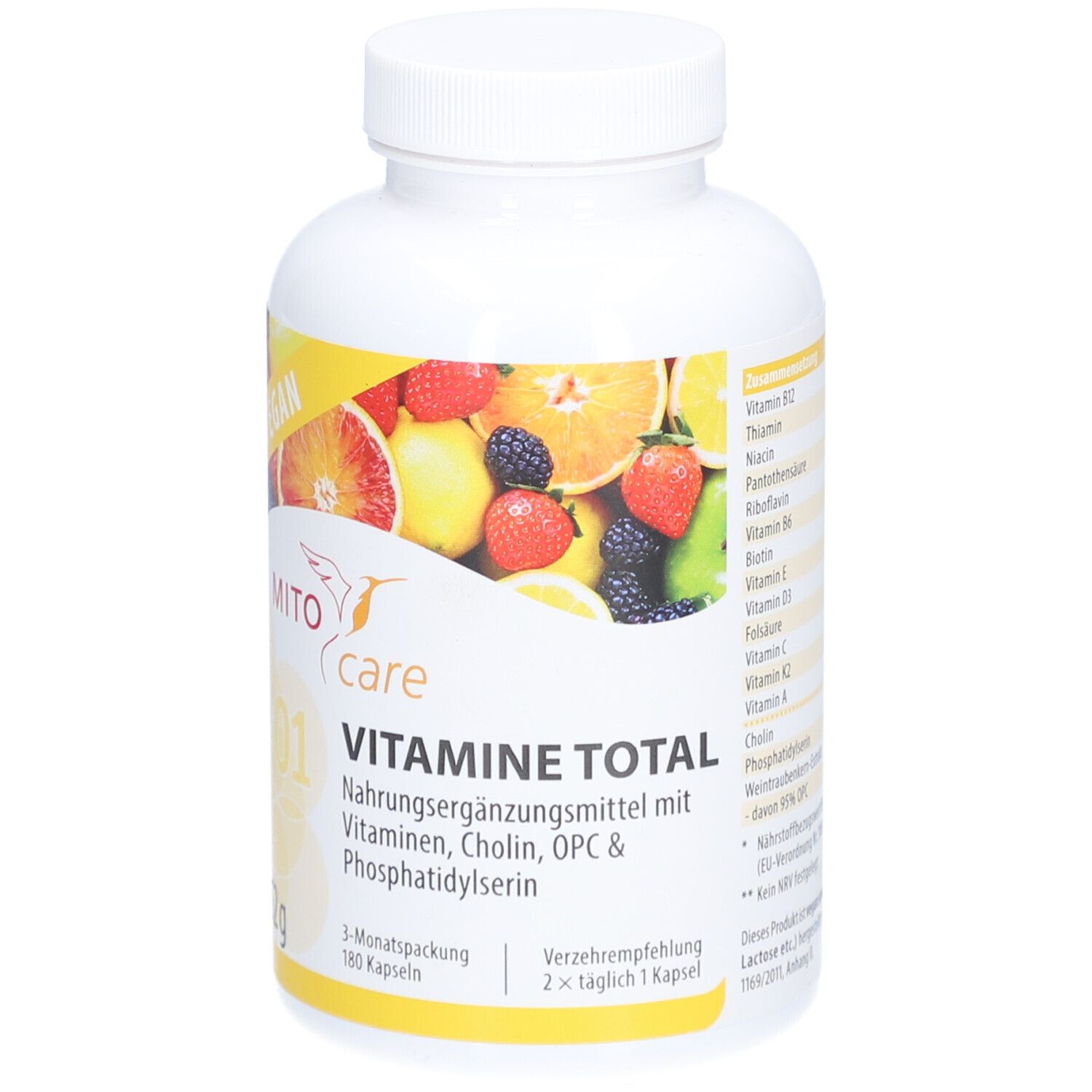Weiße Flasche mit Kapseln. Aufkleber mit Text: VITAMINE TOTAL, MITOcare. Abbildung von Früchten. 180 Kapseln.