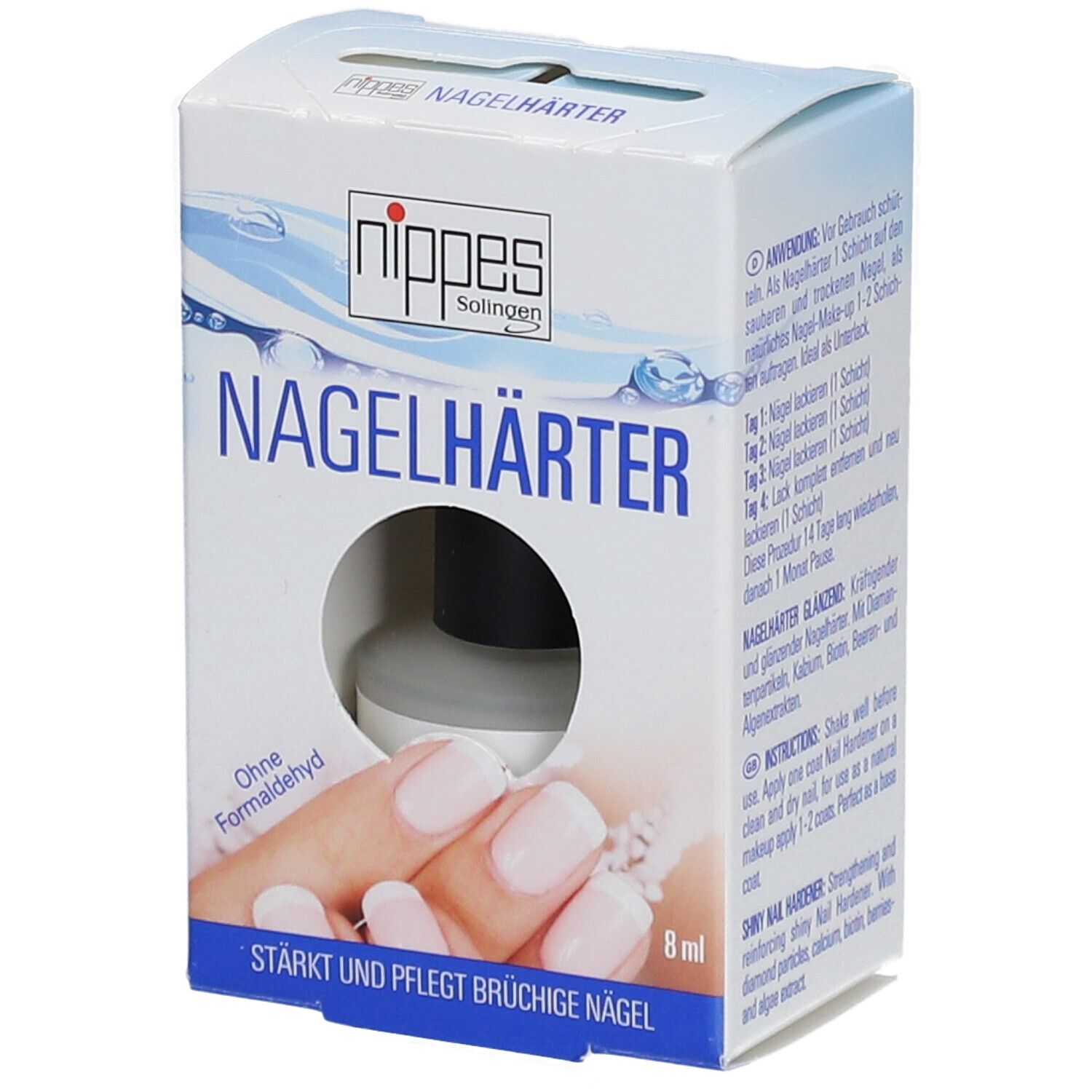 Karton mit Nagelhärter-Flasche. Sichtfenster zeigt Flasche. Text: Nagelhärter, 8 ml, Ohne Formaldehyd. Abbildung: lackierte Nägel.