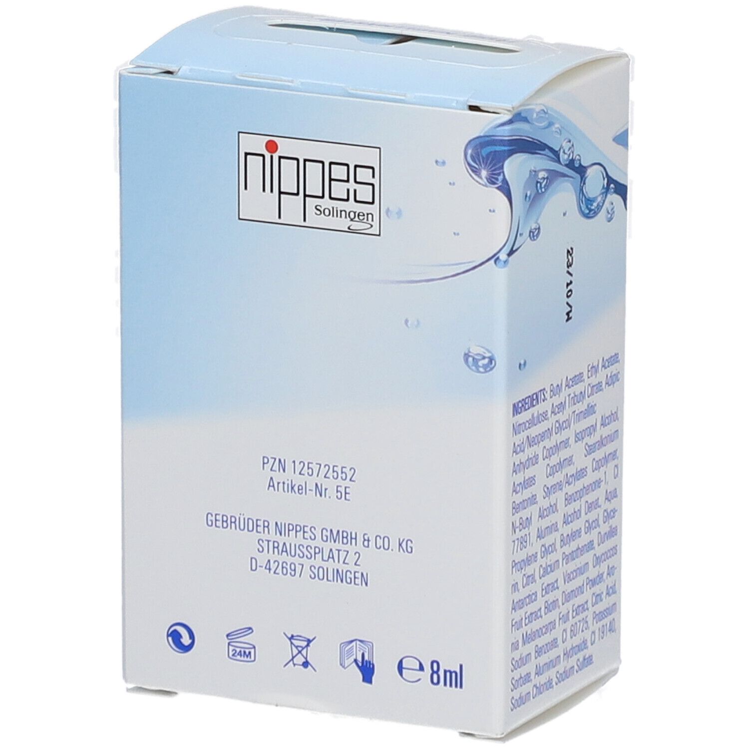 Rückseite der Nagelhärter-Verpackung. Text: PZN, Artikel-Nr., Herstelleradresse, e8ml. Logos und Piktogramme.