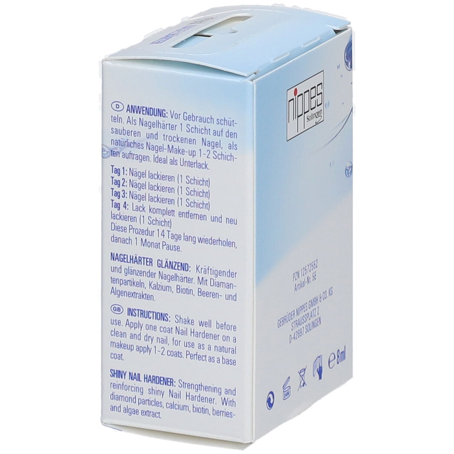 Seite der Nagelhärter-Verpackung. Text: Anwendung, Nagelhärter Glanz, Shiny Nail Hardener. PZN, Artikel-Nr., Herstelleradresse, e8ml.