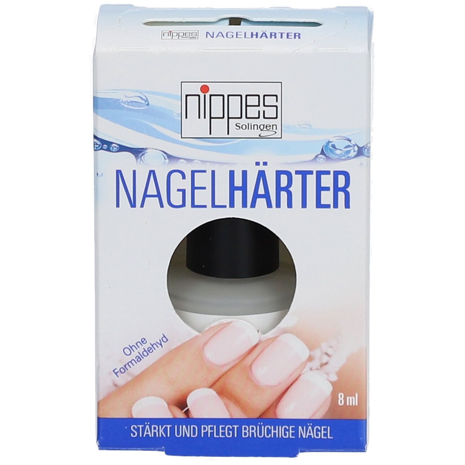 Nagelhärter-Verpackung. Text: Nagelhärter, 8 ml, Ohne Formaldehyd. Abbildung: lackierte Nägel. Marke: nippes Solingen.
