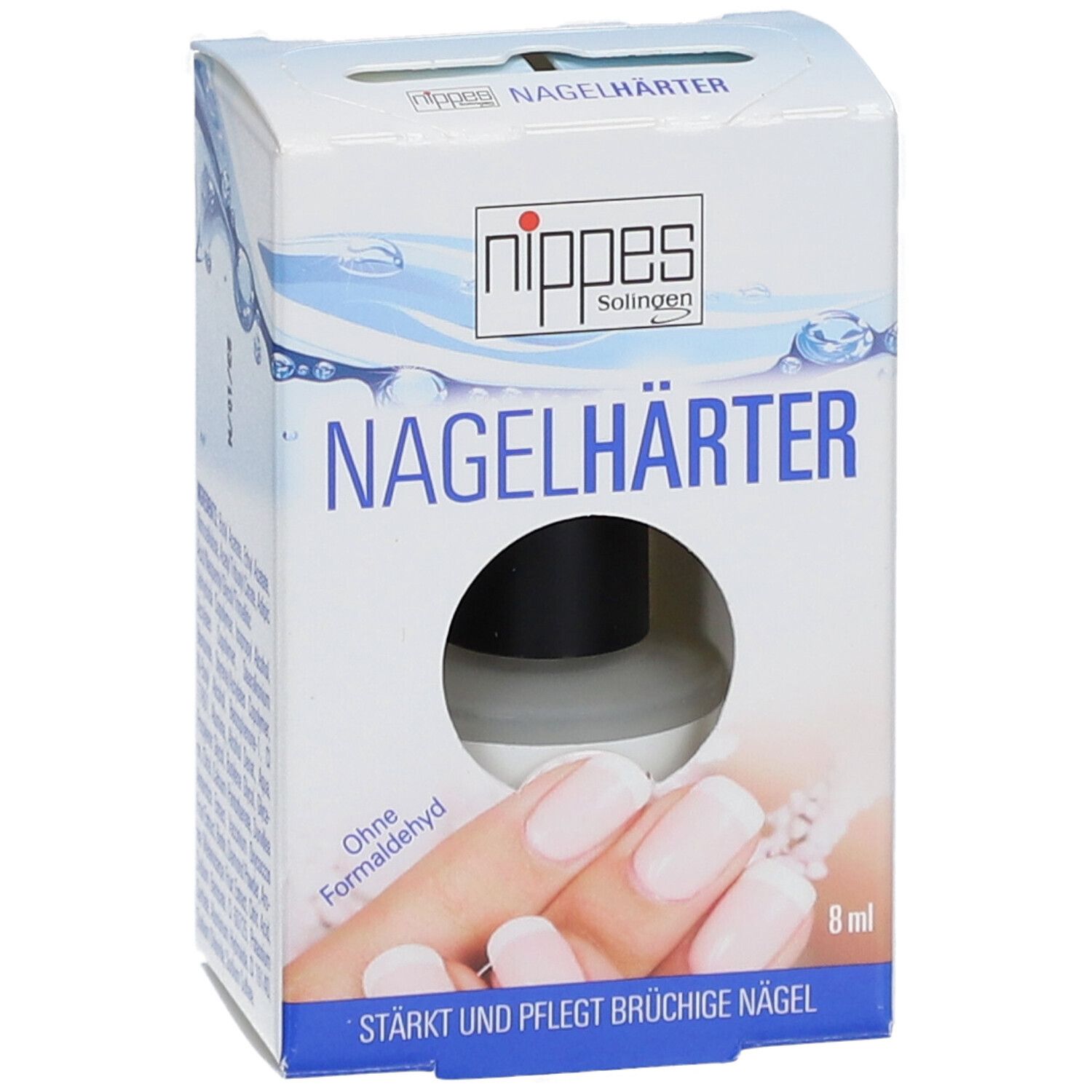 Nagelhärter-Verpackung. Text: Nagelhärter, 8 ml, Ohne Formaldehyd. Abbildung: lackierte Nägel. Marke: nippes Solingen.