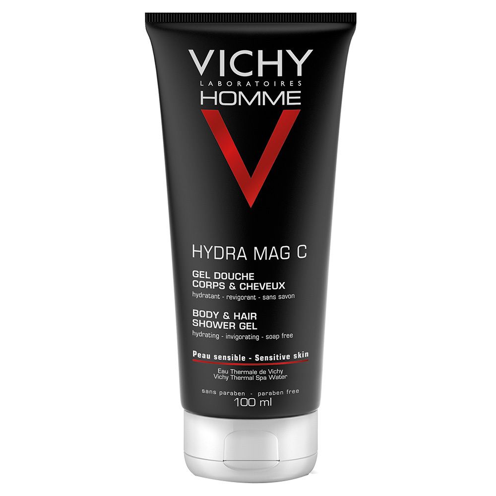 Tube noir VICHY HOMME Hydra Mag C. Gel douche corps & cheveux, peau sensible. Inscription 100 ml. Logo V rouge.