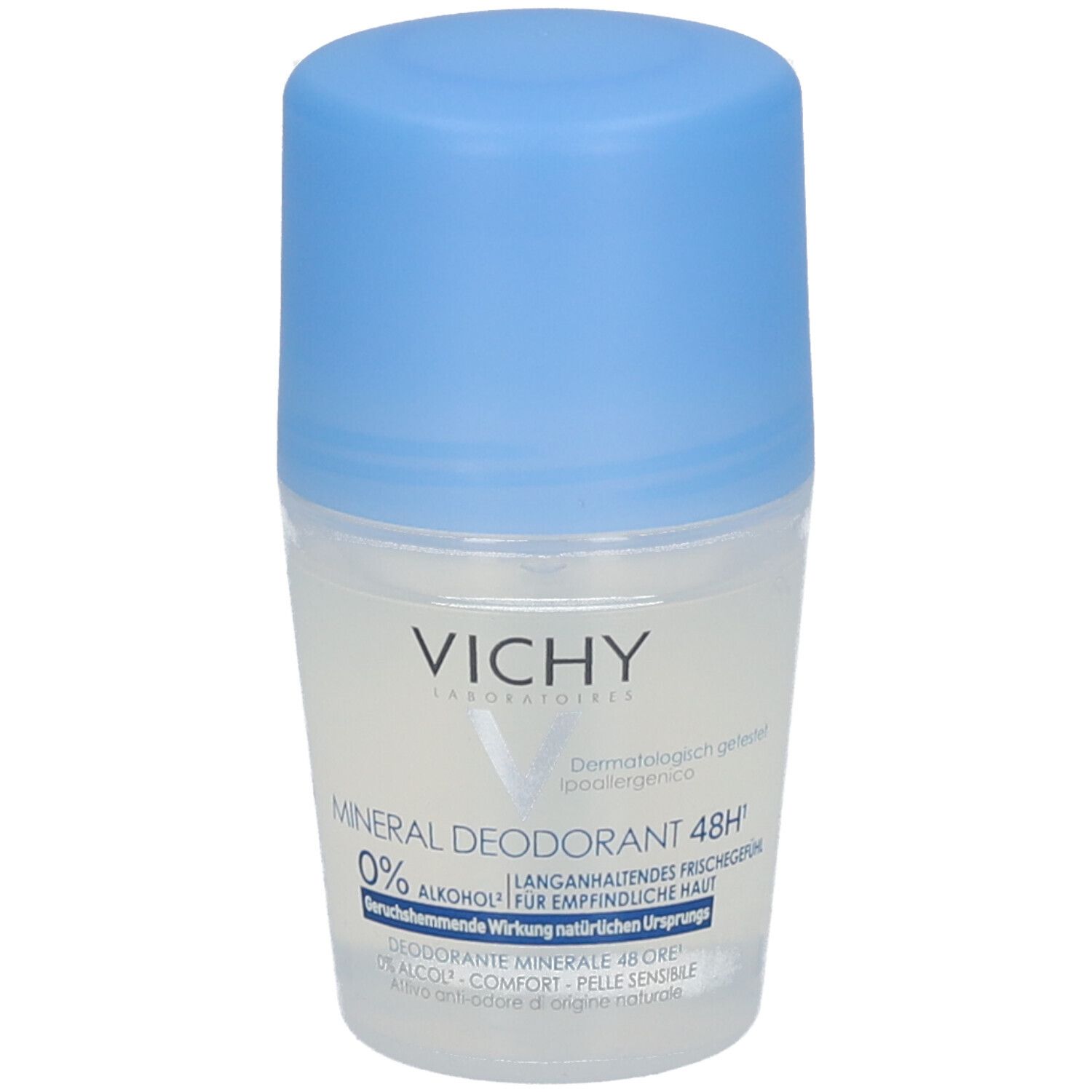 Roll-on VICHY Mineral Déodorant 48h. Boîtier blanc, bouchon bleu. Inscription: 0% alcool, pour peaux sensibles. Testé dermatologiquement.