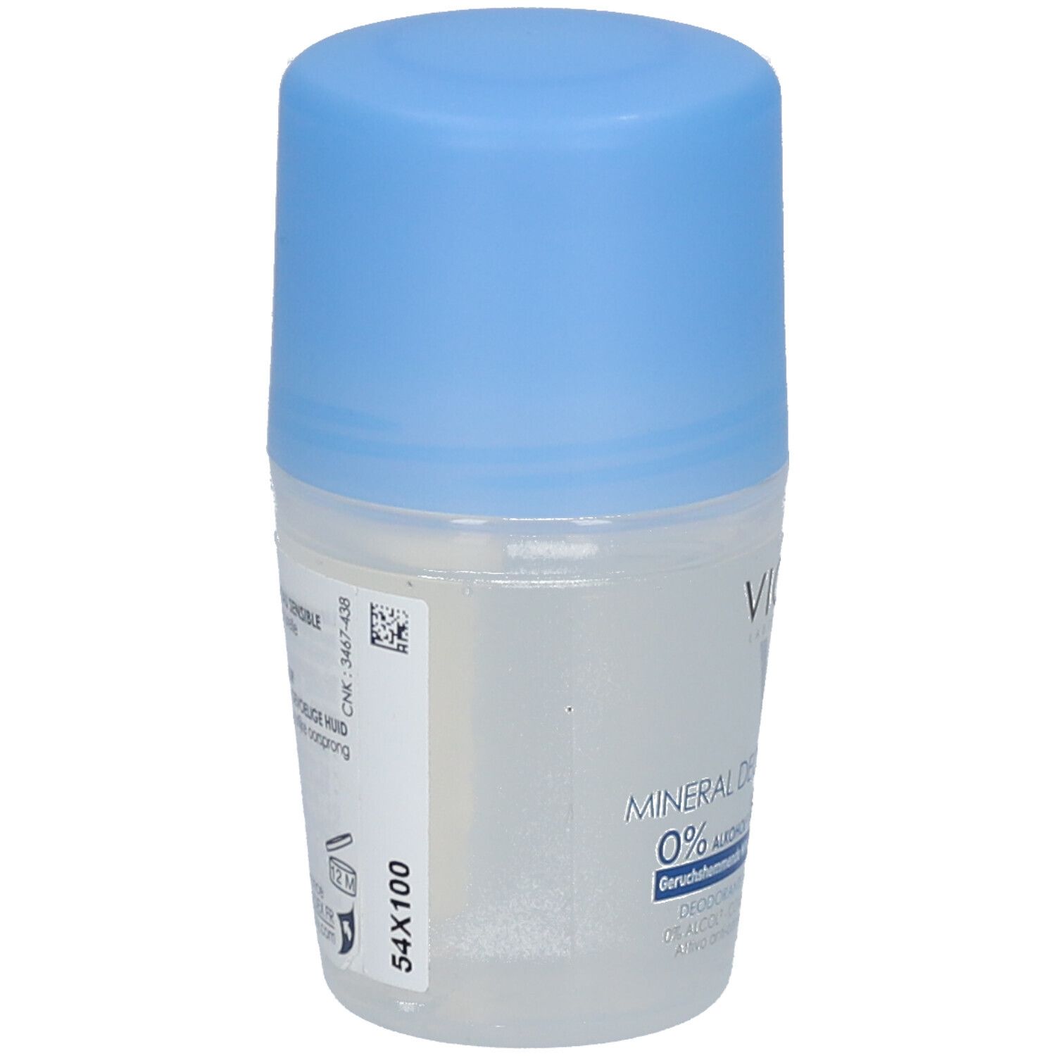 Roll-on VICHY Mineral Déodorant 48h. Boîtier blanc, bouchon bleu. Dos avec informations produit et code-barres. 54x100.