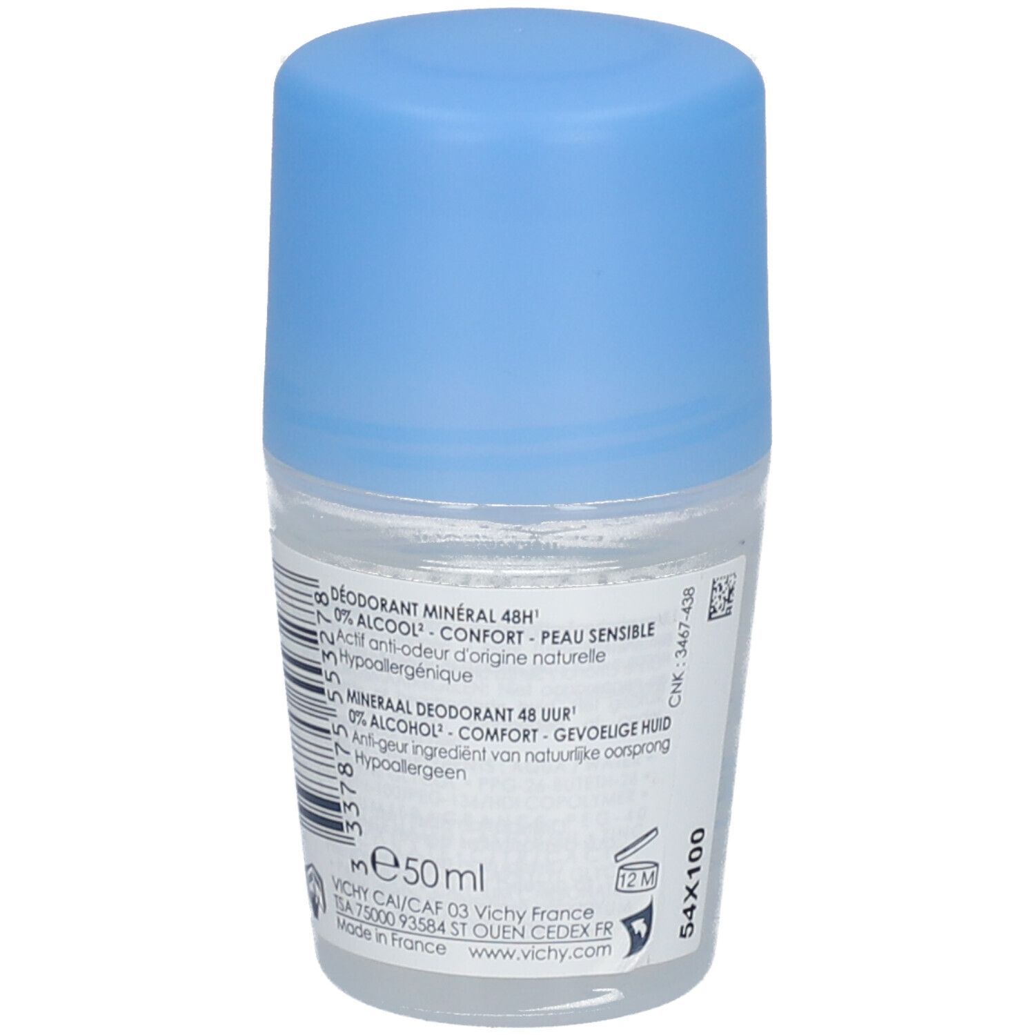 Roll-on VICHY Mineral Déodorant 48h. Boîtier blanc, bouchon bleu. Dos avec informations, code-barres et 50ml. 54x100.