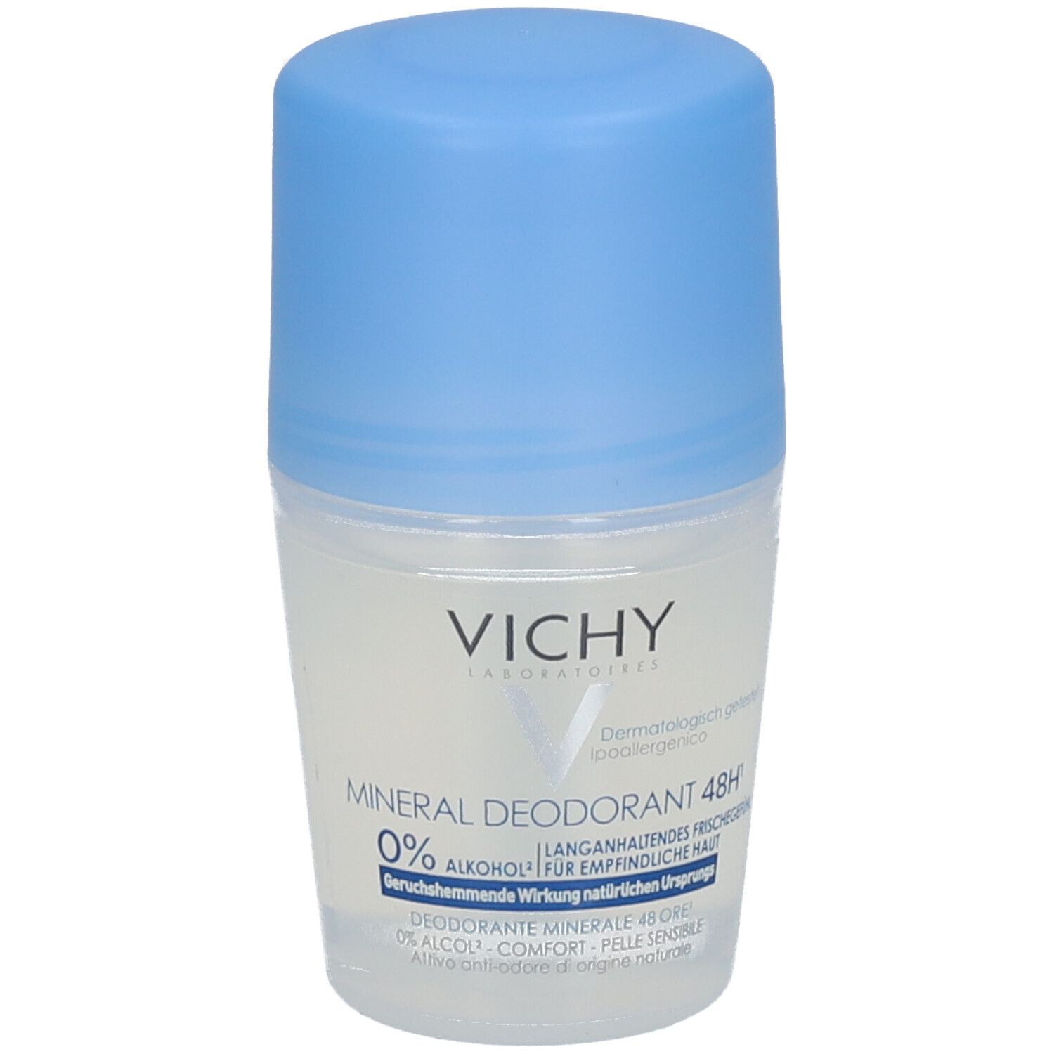 Roll-on VICHY Mineral Déodorant 48h. Boîtier blanc, bouchon bleu. Inscription: 0% alcool, pour peaux sensibles. Testé dermatologiquement.