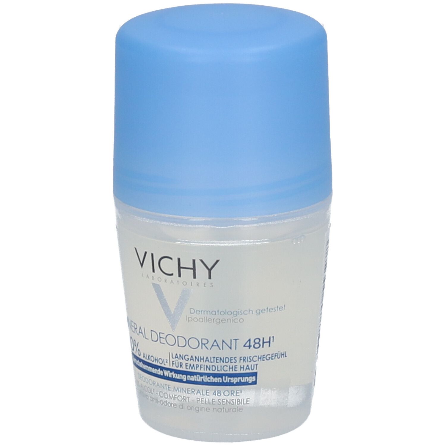Roll-on VICHY Mineral Déodorant 48h. Boîtier blanc, bouchon bleu. Inscription: 0% alcool, pour peaux sensibles. Testé dermatologiquement.