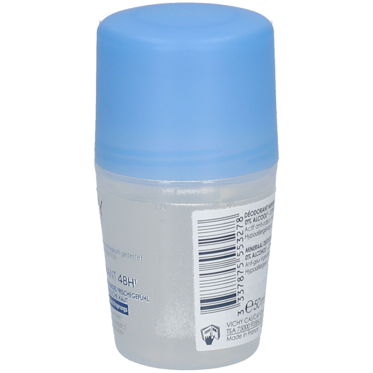 Roll-on VICHY Mineral Déodorant 48h. Boîtier blanc, bouchon bleu. Dos avec informations produit et code-barres.