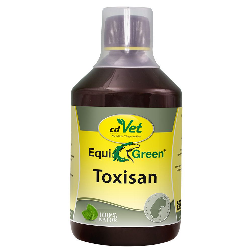 Braune Flüssigkeit in einer Flasche mit gelbem Etikett. Aufschrift: cd Vet, Equi Green, Toxisan, 100% Natur. Mit grünem Logo.