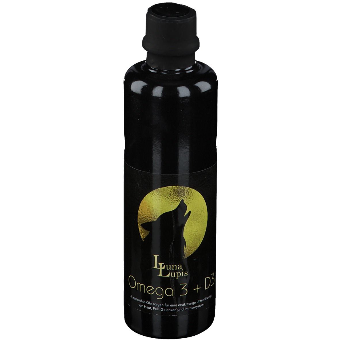 Schwarze Flasche mit schwarzem Deckel. Aufkleber mit Wolf-Silhouette vor gelbem Hintergrund. Text: Luna Lupis Omega 3 + D3.