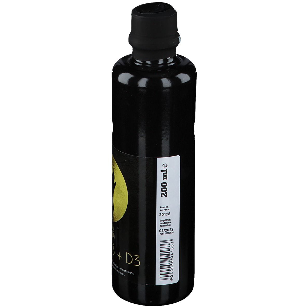 Schwarze Flasche mit schwarzem Deckel. Etikett mit Text und 200 ml e. Aufkleber mit Barcode und Verfallsdatum.