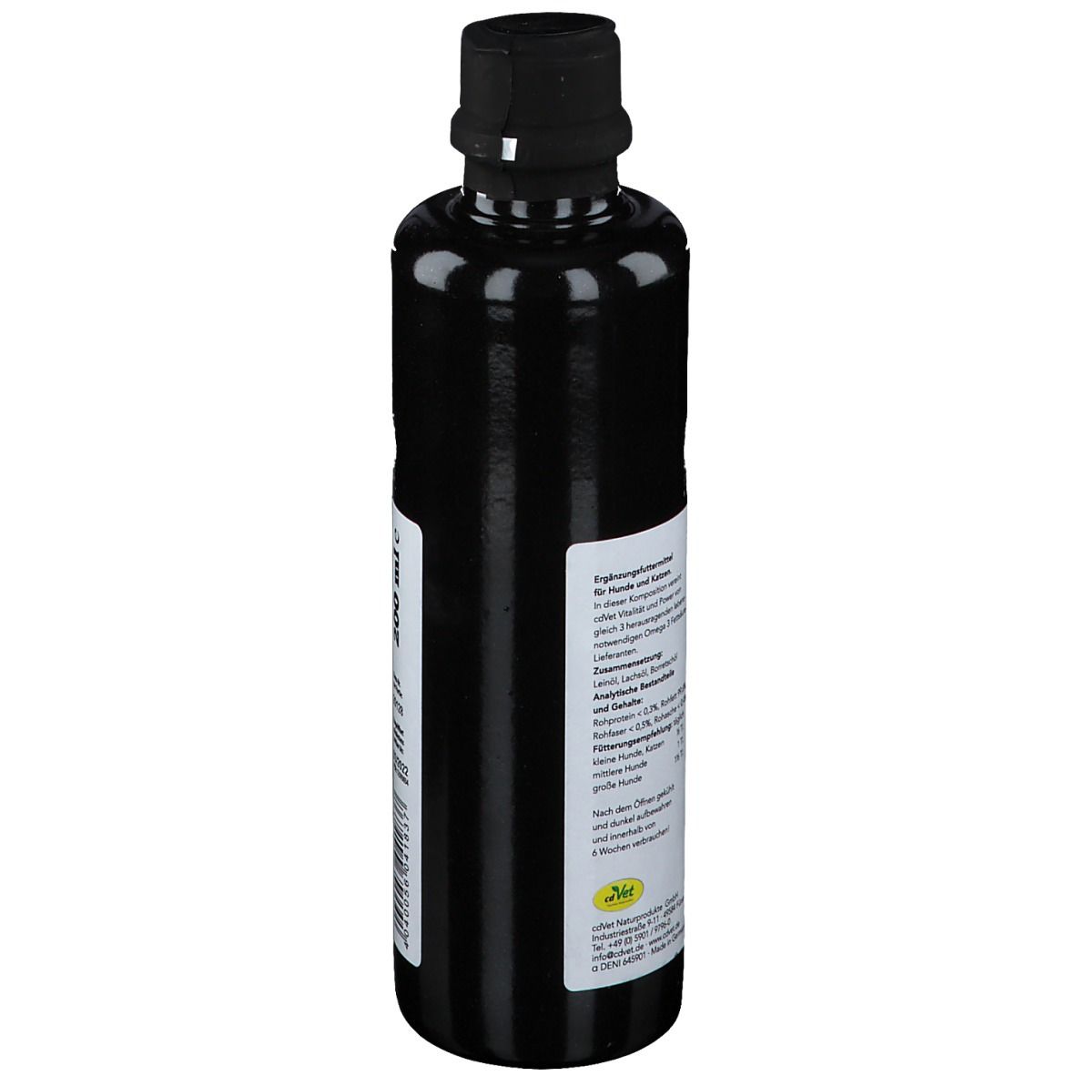 Schwarze Flasche mit schwarzem Deckel. Etikett mit Text über Inhaltsstoffe und Anwendung. Gelbes Logo.