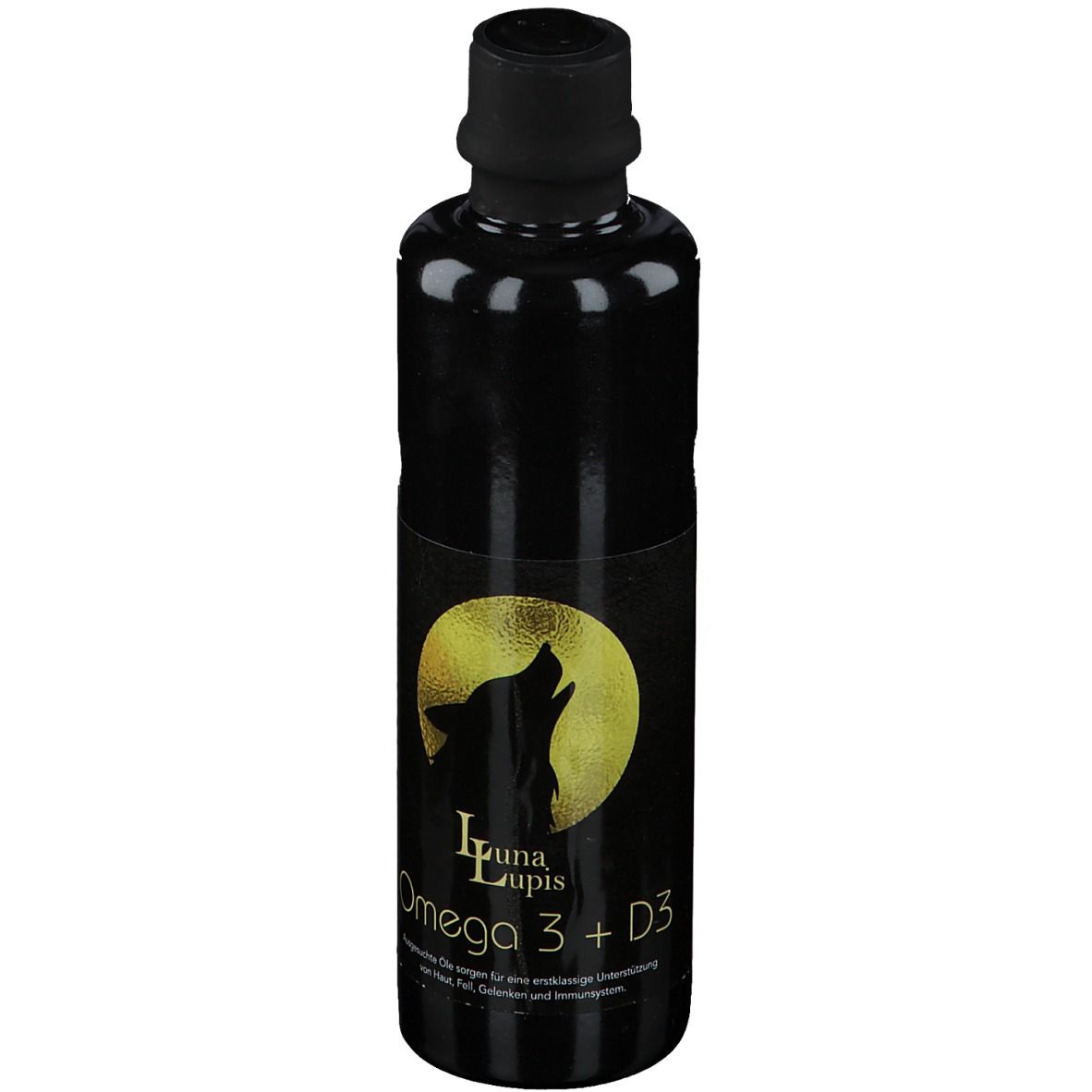 Schwarze Flasche mit schwarzem Deckel. Aufkleber mit Wolf-Silhouette vor gelbem Hintergrund. Text: Luna Lupis Omega 3 + D3.
