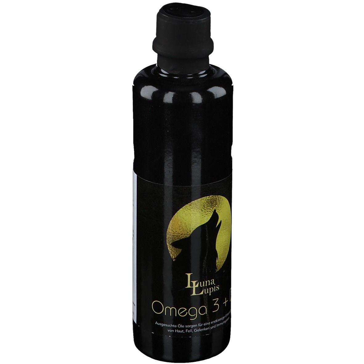 Schwarze Flasche mit schwarzem Deckel. Aufkleber mit Wolf-Silhouette vor gelbem Hintergrund. Text: Luna Lupis Omega 3 +