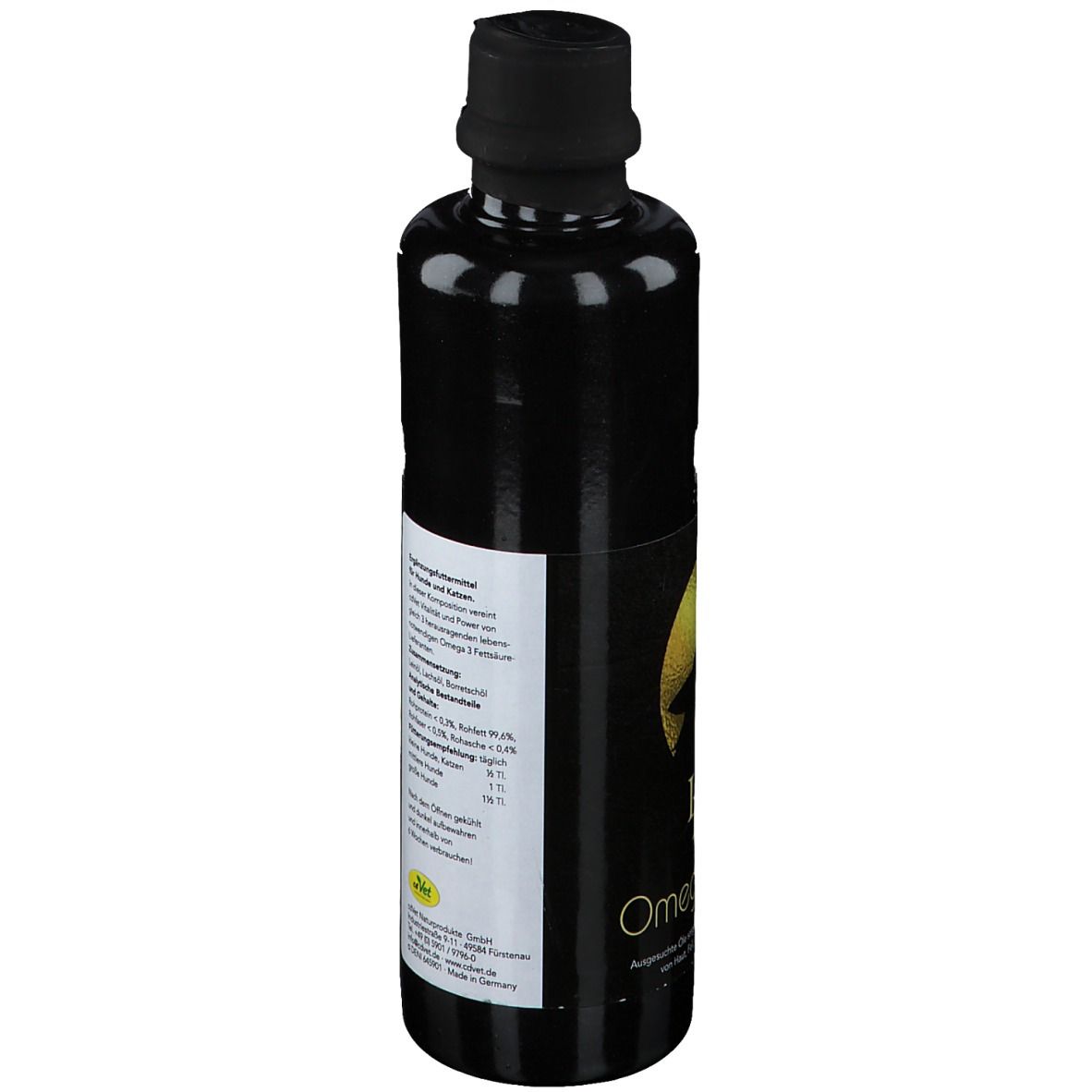 Schwarze Flasche mit schwarzem Deckel. Etikett mit Text über Inhaltsstoffe und Anwendung. Gelbes Logo.