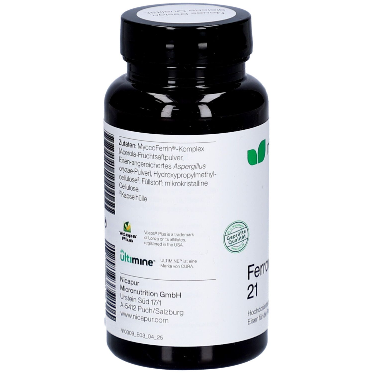 Braune Flasche mit weißem Etikett. Aufschrift: NICApur Ferroverde 21. Inhaltsstoffe, Dosierung. Silberner Deckel.