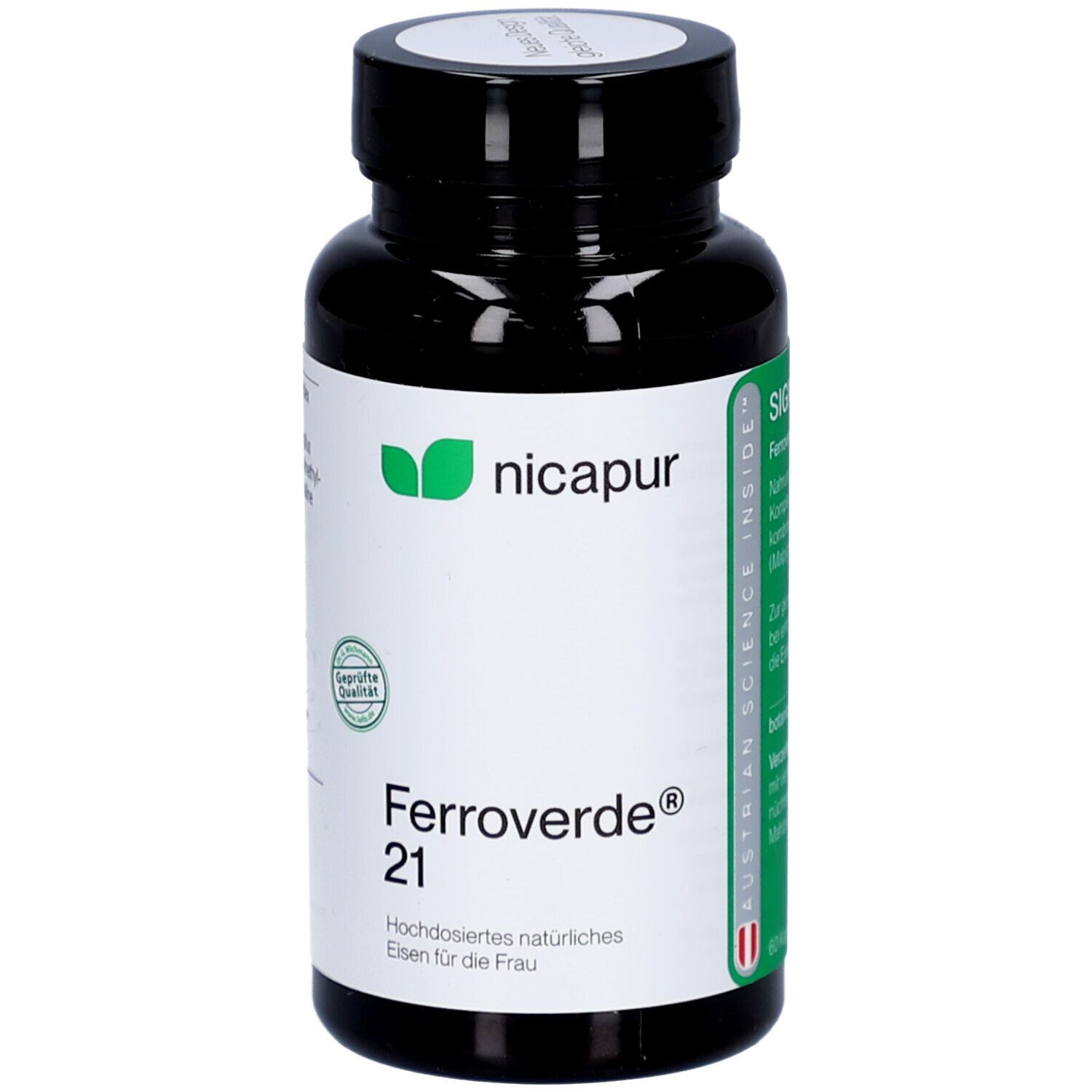 Braune Flasche mit weißem Etikett. Aufschrift: NICApur Ferroverde 21. Grünes Logo. Silberner Deckel. Qualitätszeichen.