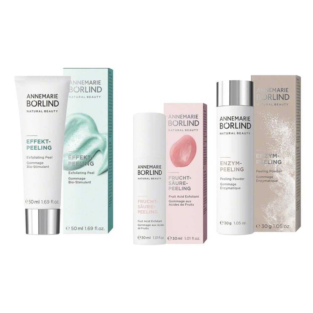 Drei Produkte: Effekt-Peeling, Fruchtsäure-Peeling, Enzym-Peeling. Verpackungen mit Aufschriften.