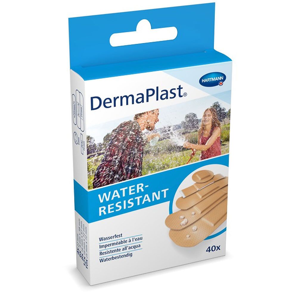 Verpackung von DermaPlast® Water-Resistant Pflasterstrips. Enthält 40 Pflaster. Wasserfest.