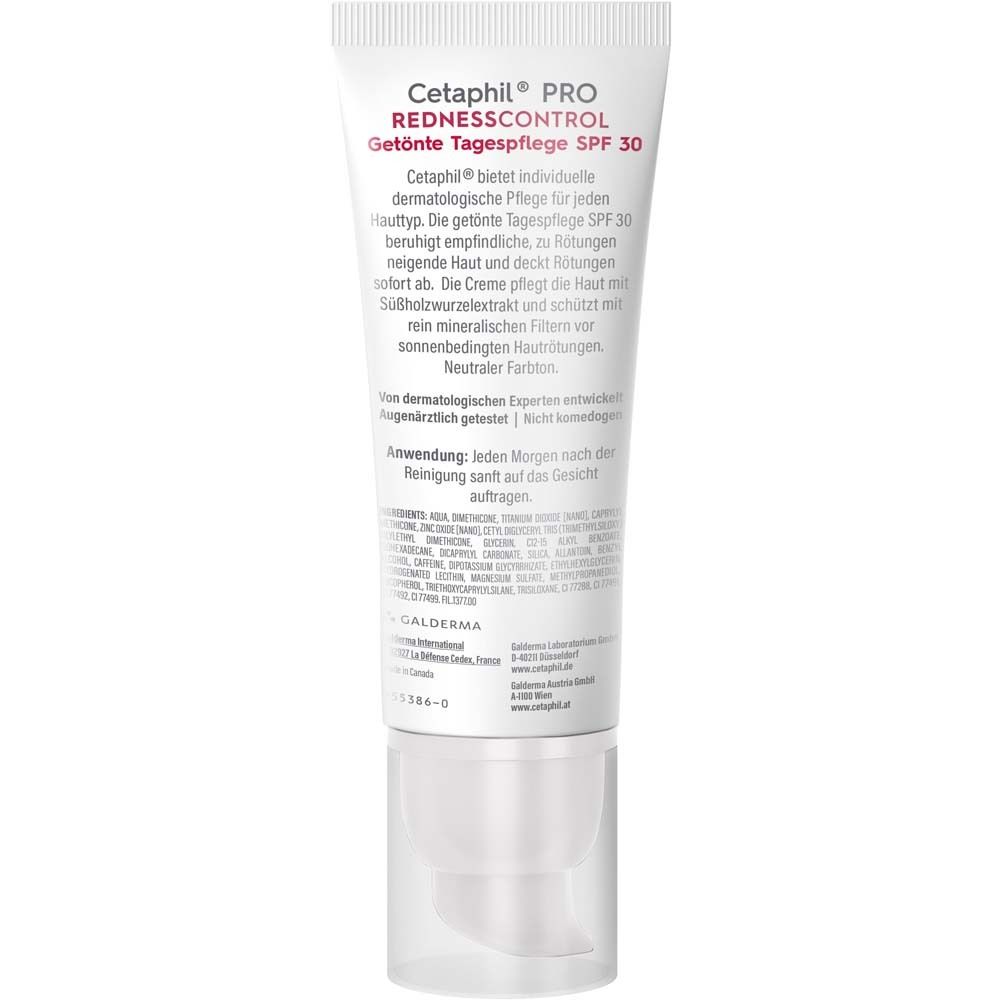 Rückseite der Cetaphil PRO RednessControl getönte Tagespflege SPF 30 Tube. Text und Inhaltsstoffe.