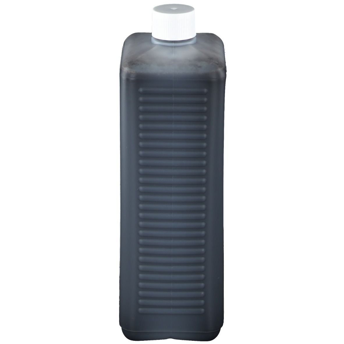 Dunkelgraue Flasche mit weißem Deckel. Vertikale Rillen auf der Flaschenoberfläche.