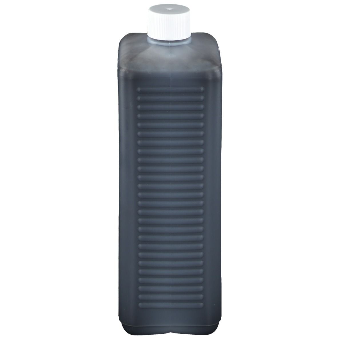 Dunkelgraue Flasche mit weißem Deckel. Vertikale Rillen auf der Flaschenoberfläche.