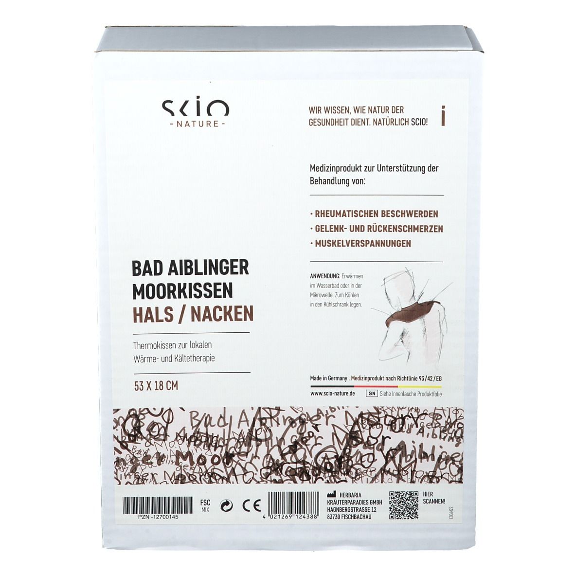 Emballage produit avec texte : Bad Aiblinger Moorkissen Hals/Nacken, 53 x 18 cm. Marque : scio nature. Dispositif médical.