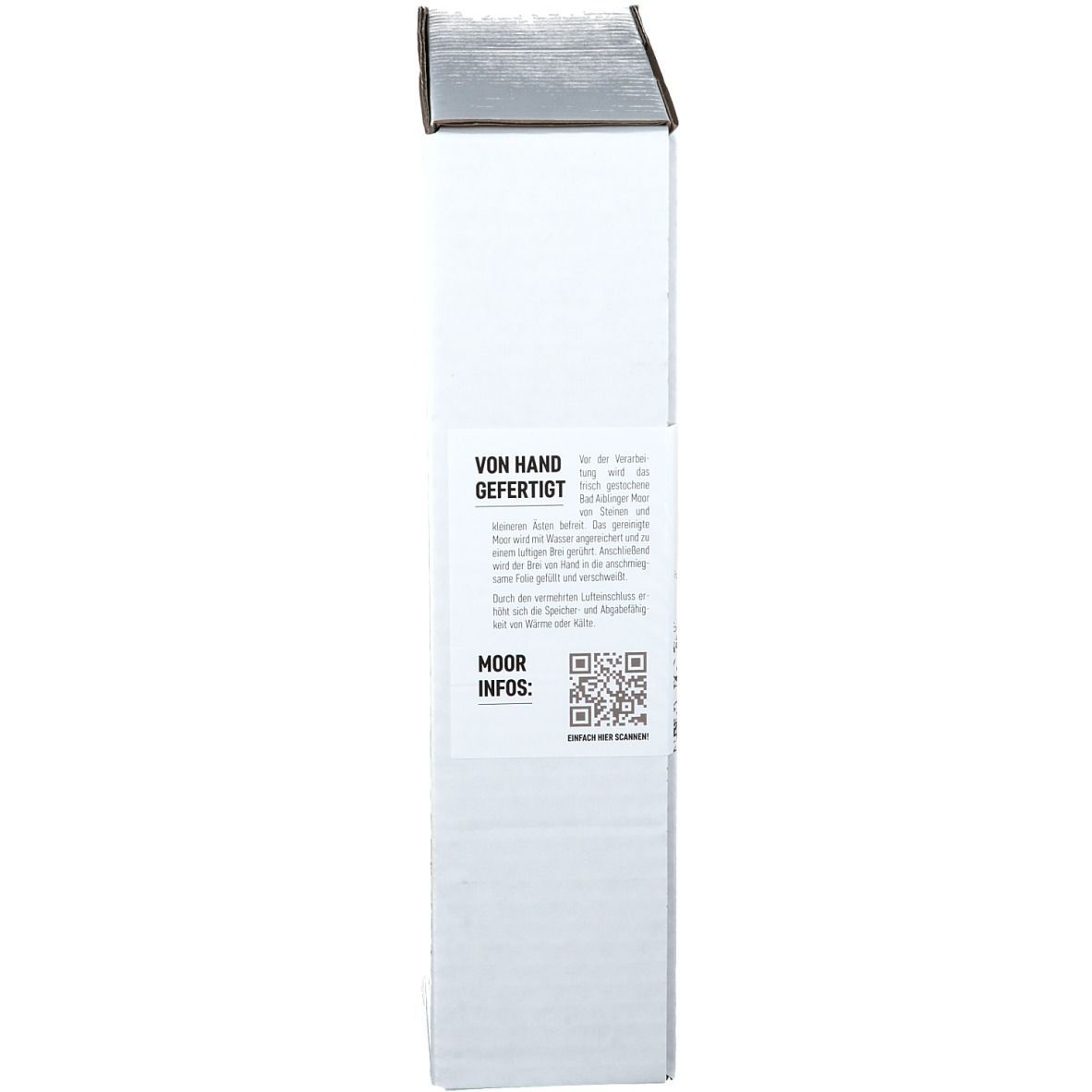 Emballage produit étroit avec texte : Fabriqué à la main. Infos de la tourbe. Code QR.