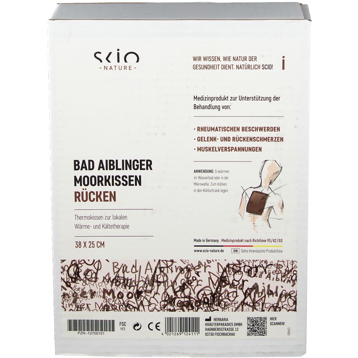 Verpackung mit Produktinformationen. Text: Bad Aiblinger Moorkissen Rücken, 38 x 25 cm. Logo: scio nature. Medizinprodukt.