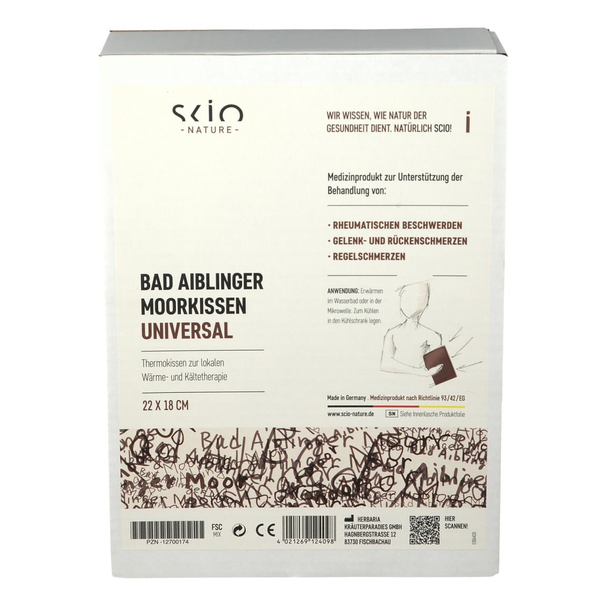 Emballage du coussin de boue Bad Aiblinger Universal. Dimensions : 22 x 18 cm. Dispositif médical pour les douleurs rhumatismales.