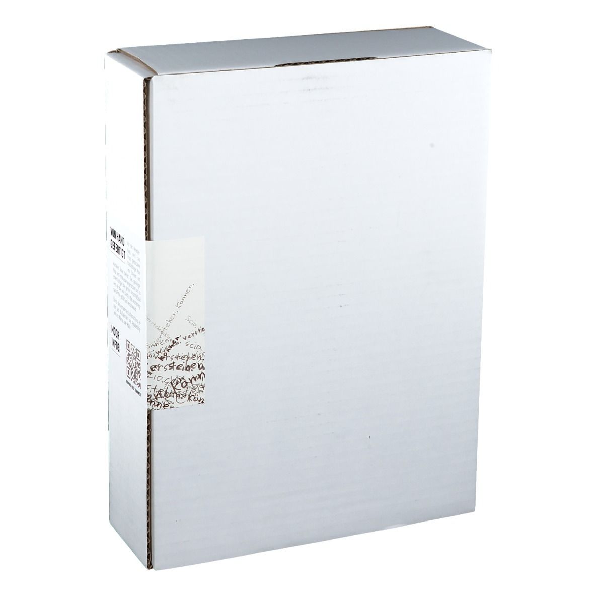 Vue latérale oblique de l'emballage du coussin de boue Bad Aiblinger Universal. Carton blanc avec autocollant.