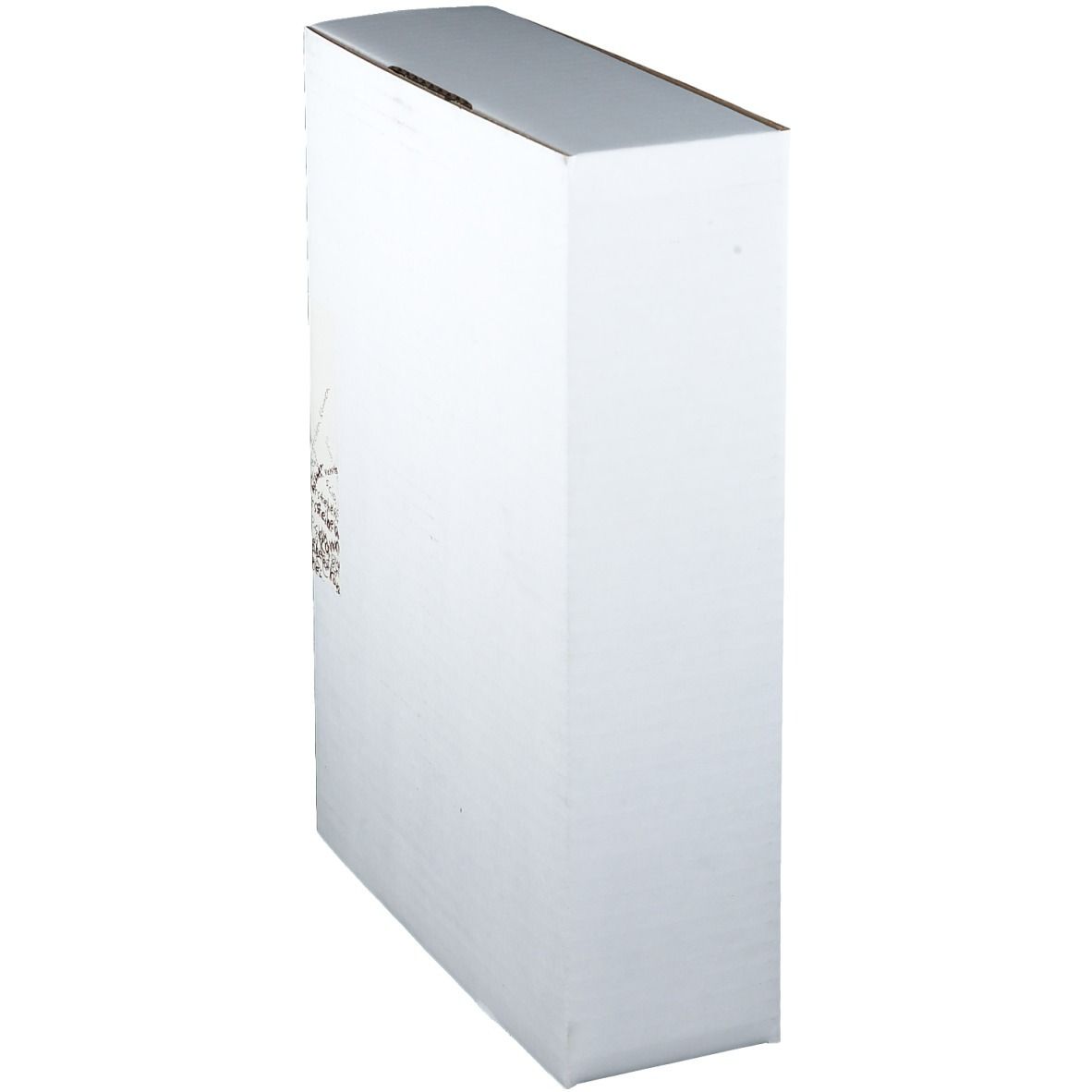 Vue latérale oblique de l'emballage du coussin de boue Bad Aiblinger Universal. Carton blanc.