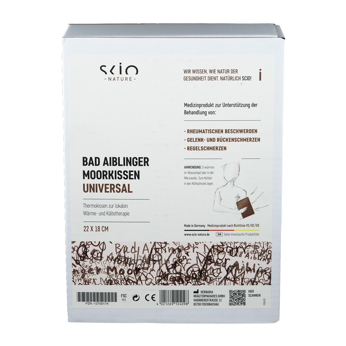 Emballage du coussin de boue Bad Aiblinger Universal. Dimensions : 22 x 18 cm. Dispositif médical pour les douleurs rhumatismales.