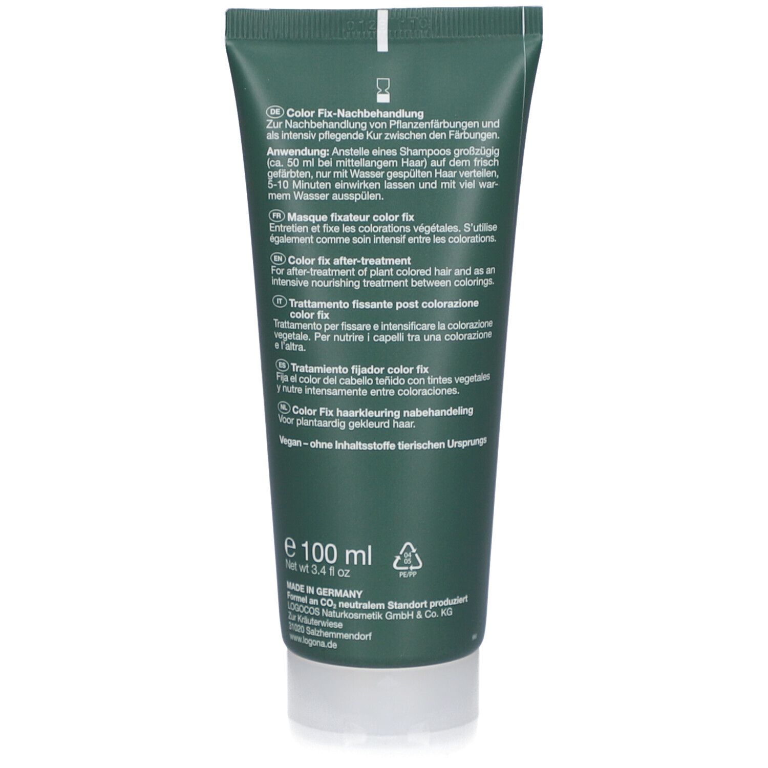 Dos du tube vert. Texte multilingue. Label Vegan. Volume: 100 ml.