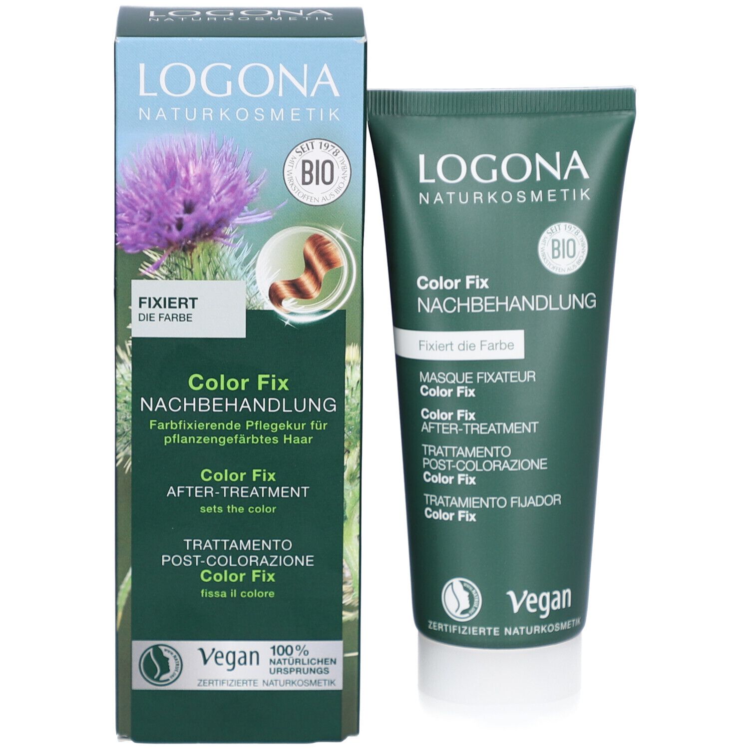 Emballage et tube. Emballage: LOGONA Color Fix Nachbehandlung. Label Bio. Label Vegan.