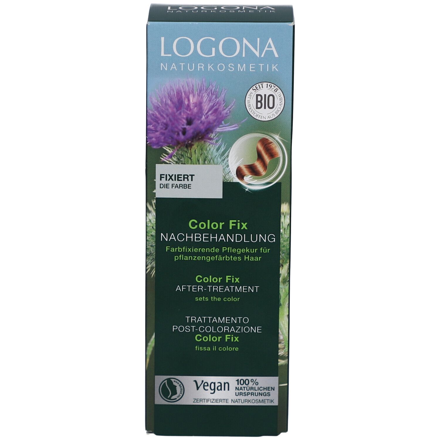 Emballage du produit. Inscription: LOGONA Color Fix Nachbehandlung. Label Bio. Label Vegan.