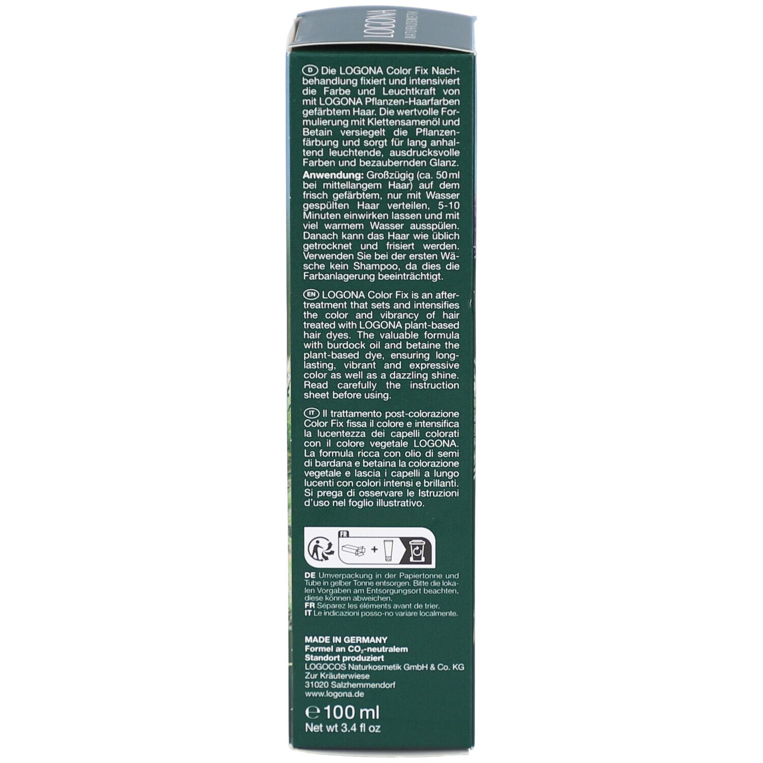 Côté de l'emballage. Texte multilingue. Volume: 100 ml. Label Bio.