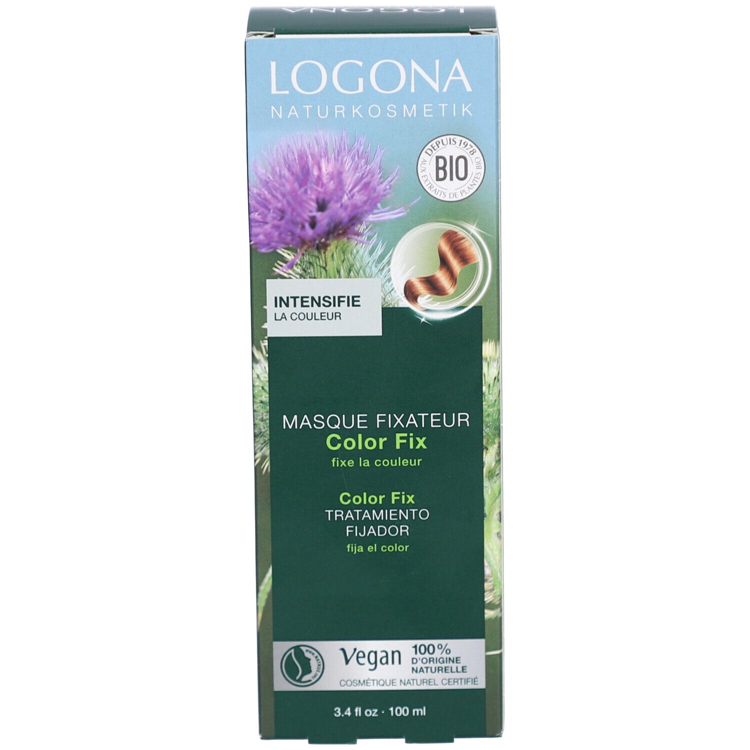 Face avant de l'emballage. Inscription: LOGONA Color Fix Nachbehandlung. Label Vegan. Label Bio.