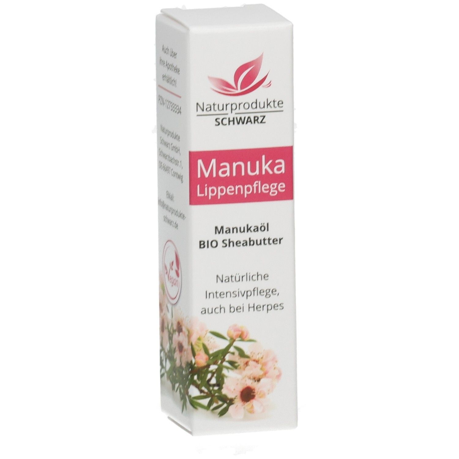 Verpackung für Manuka Lippenpflege mit Manukaöl und Bio-Sheabutter.