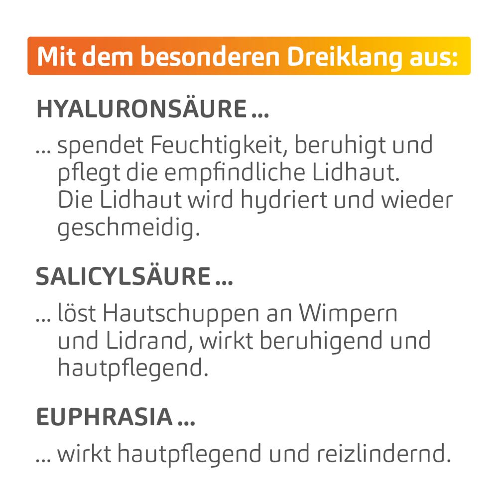 POSIFORLID® Augenspray. Text: Hyaluronsäure, Salicylsäure, Euphrasia. Inhaltsstoffe.