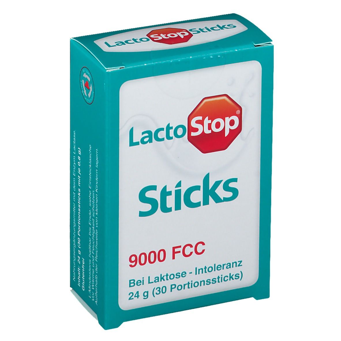 Türkis-weiße Schachtel mit "LactoStop Sticks"-Logo. Enthält 9000 FCC. Bei Laktose-Intoleranz. 24 g (30 Portionssticks).