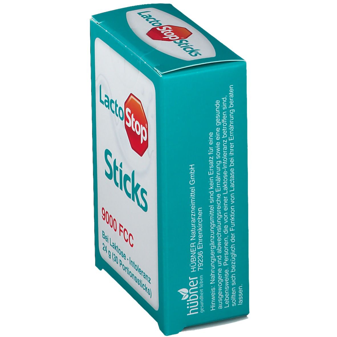 Türkis-weiße Schachtel mit "LactoStop Sticks"-Logo. Enthält 9000 FCC. Bei Laktose-Intoleranz. Hersteller: Hübner Naturarzneimittel GmbH.
