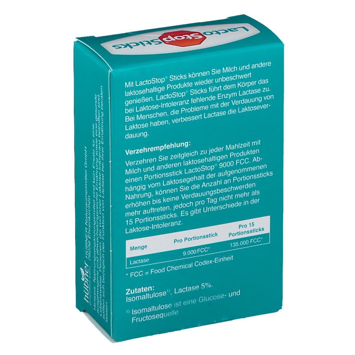 Rückseite der türkisfarbenen Schachtel mit Text. Enthält Informationen zu "LactoStop Sticks" und Inhaltsstoffen. Mit Tabelle zur Dosierung.