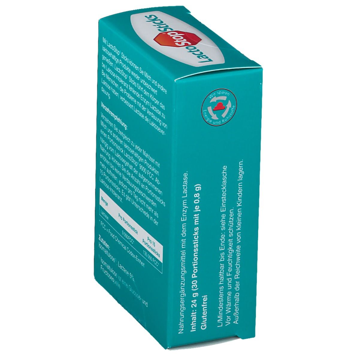 Rückseite der türkisfarbenen Schachtel mit Text. Enthält Informationen zu "LactoStop Sticks" und Inhaltsstoffen. Glutenfrei.