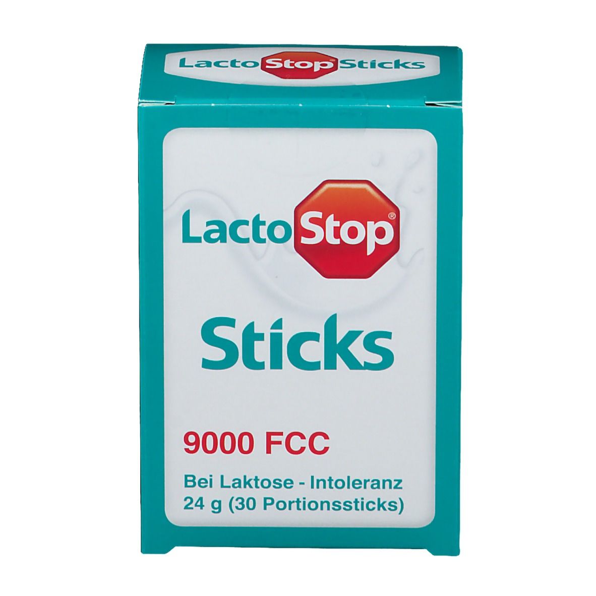 Türkis-weiße Schachtel mit "LactoStop Sticks"-Logo. Enthält 9000 FCC. Bei Laktose-Intoleranz. 24 g (30 Portionssticks).