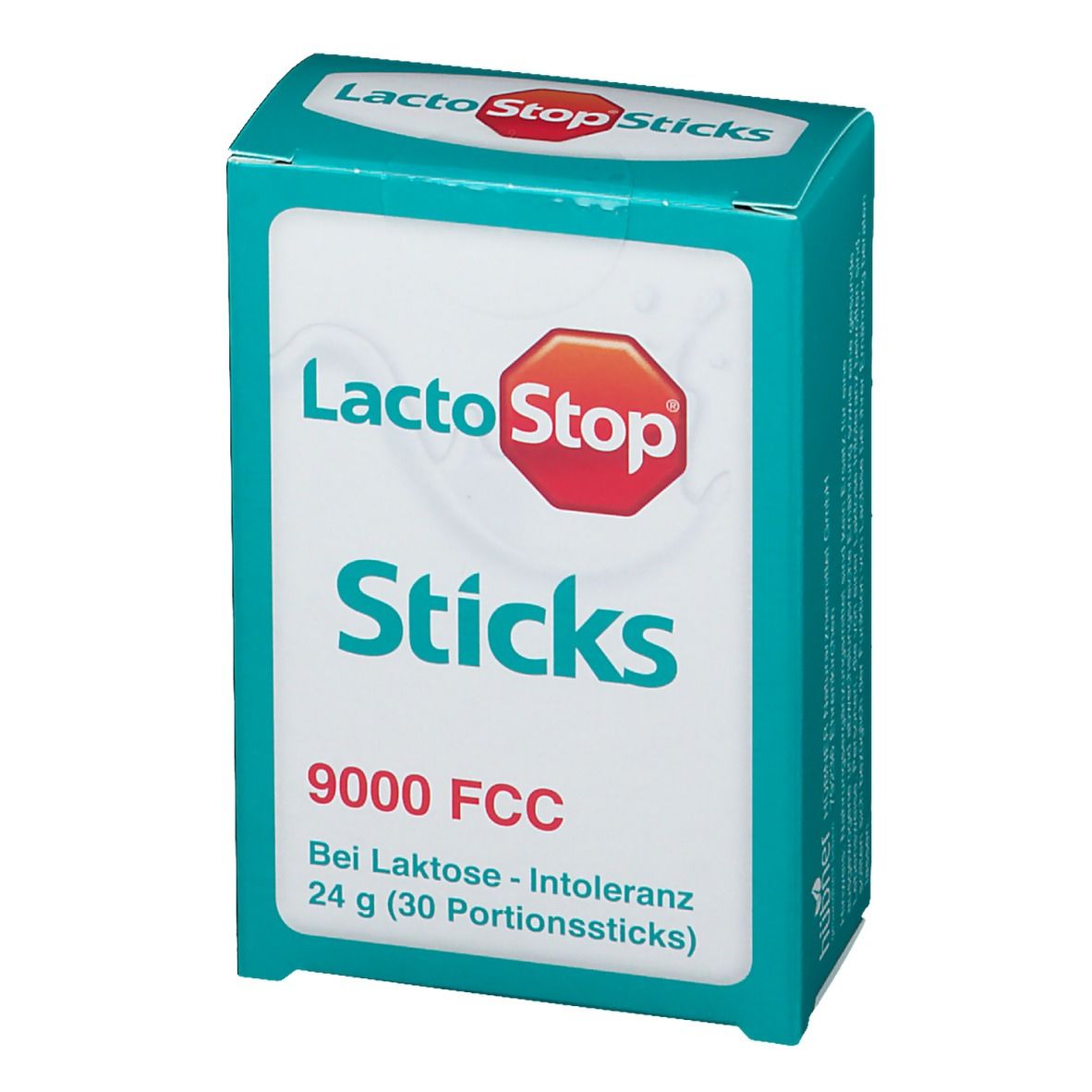 Türkis-weiße Schachtel mit "LactoStop Sticks"-Logo. Enthält 9000 FCC. Bei Laktose-Intoleranz. 24 g (30 Portionssticks).
